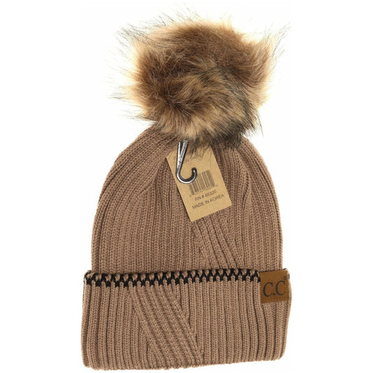 Ribbed Knit Beanie with Accented Cuff: Taupe