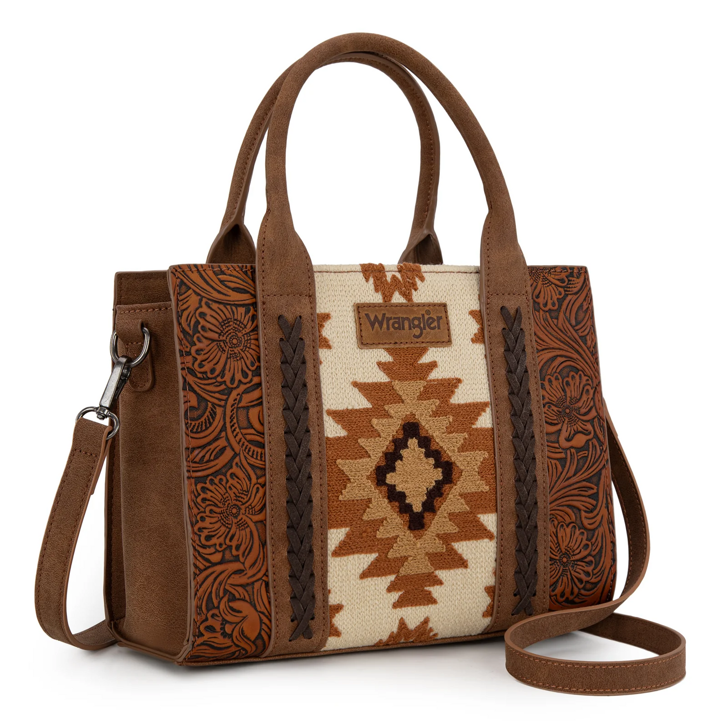 Wrangler Tooled Aztec Pattern Print Concealed Carry Tote/Crossbody - BROWN