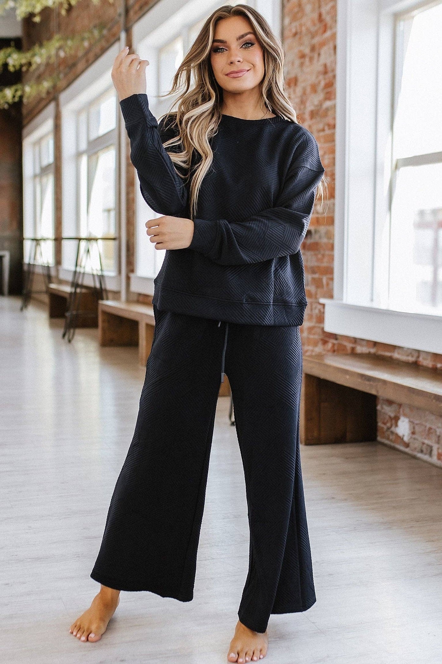 Alex Textured Long Sleeve Set | Black