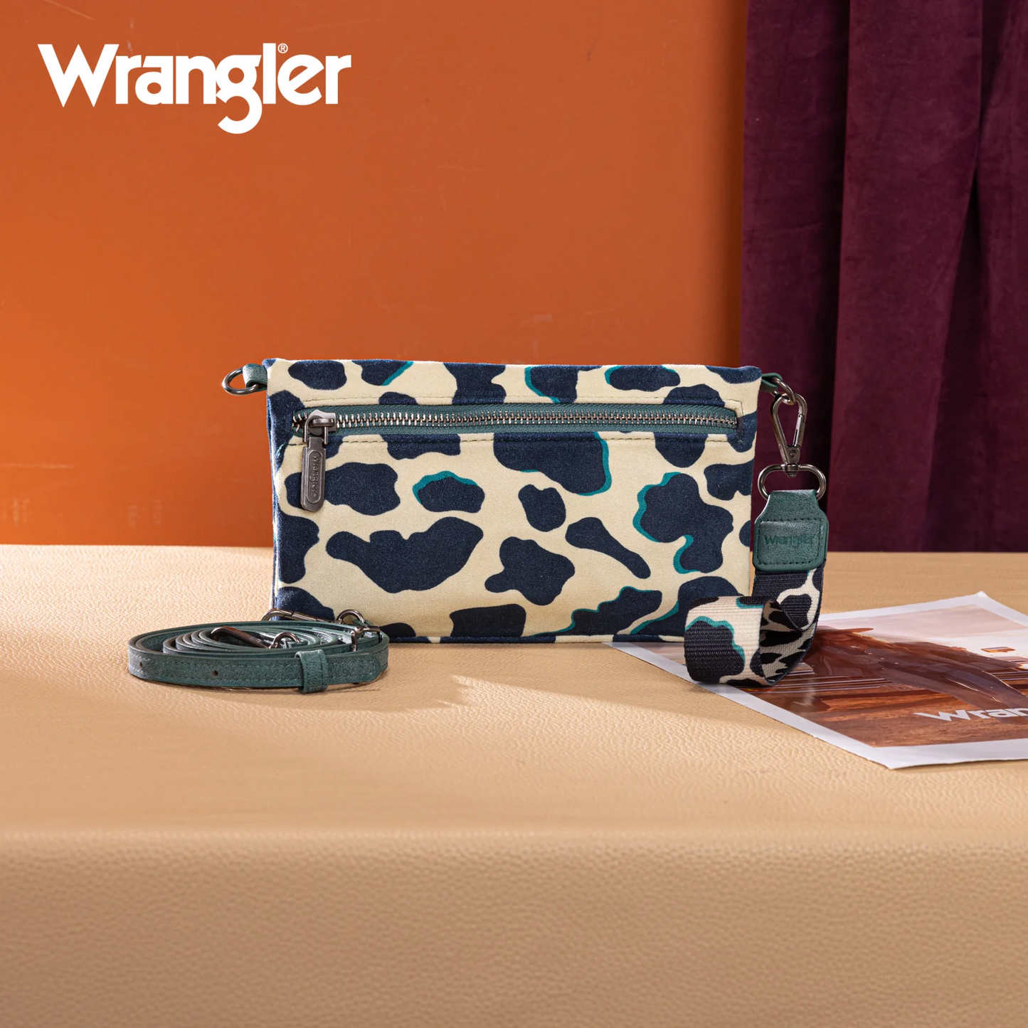 Wrangler Cow Print Wallet/Wristlet/Crossbody - DARK TURQUOISE