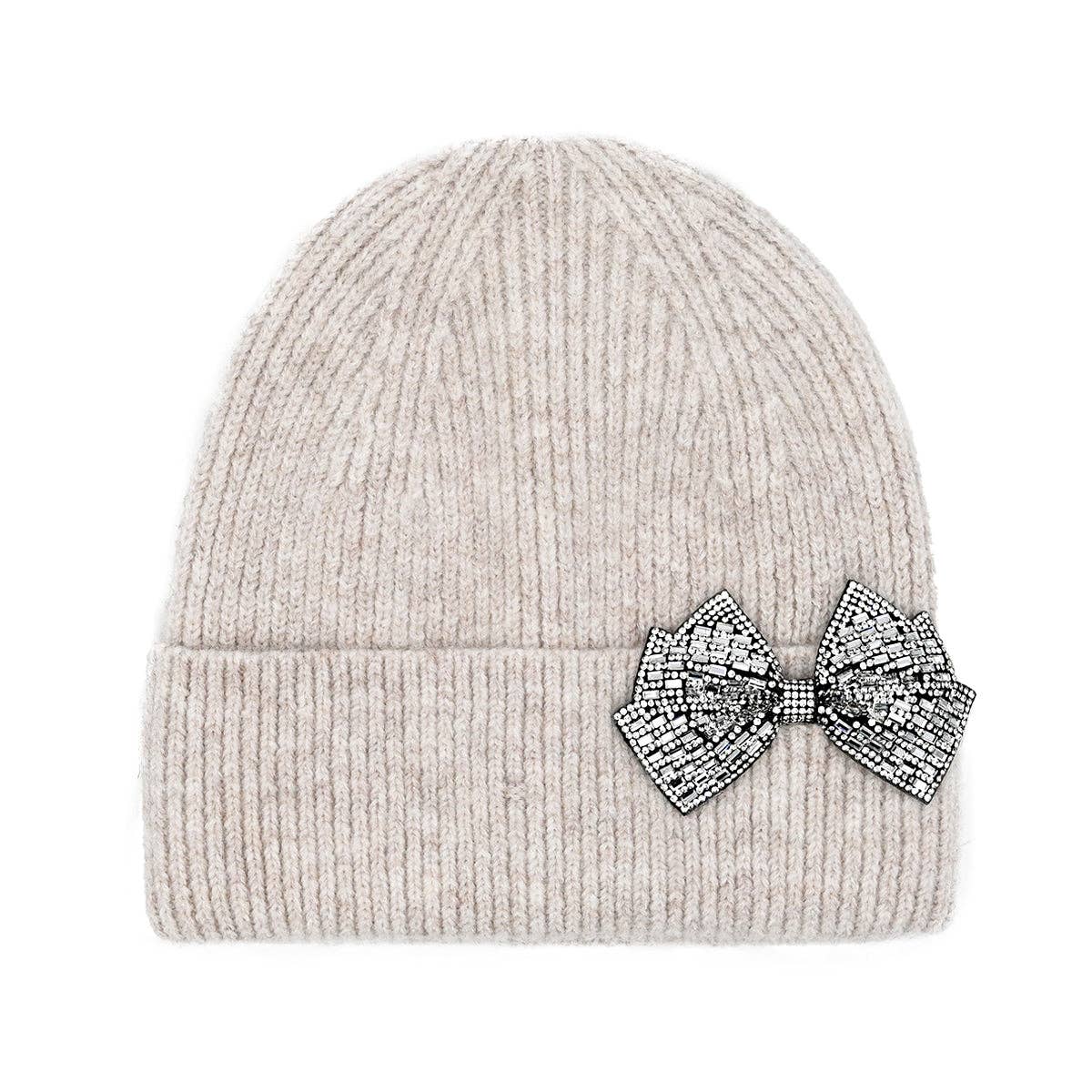 Rhinestone Bow Cuff C.C Beanie - BLACK