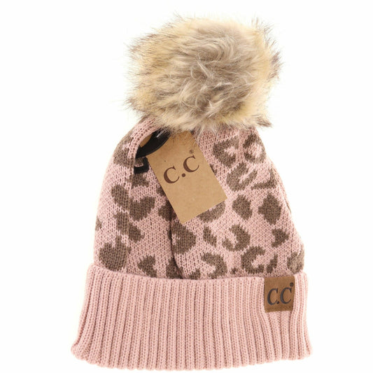 Leopard Pattern Fur Pom Beanie: Rose