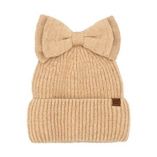 Sequin Bow Messy Bun C.C Beanie: Camel