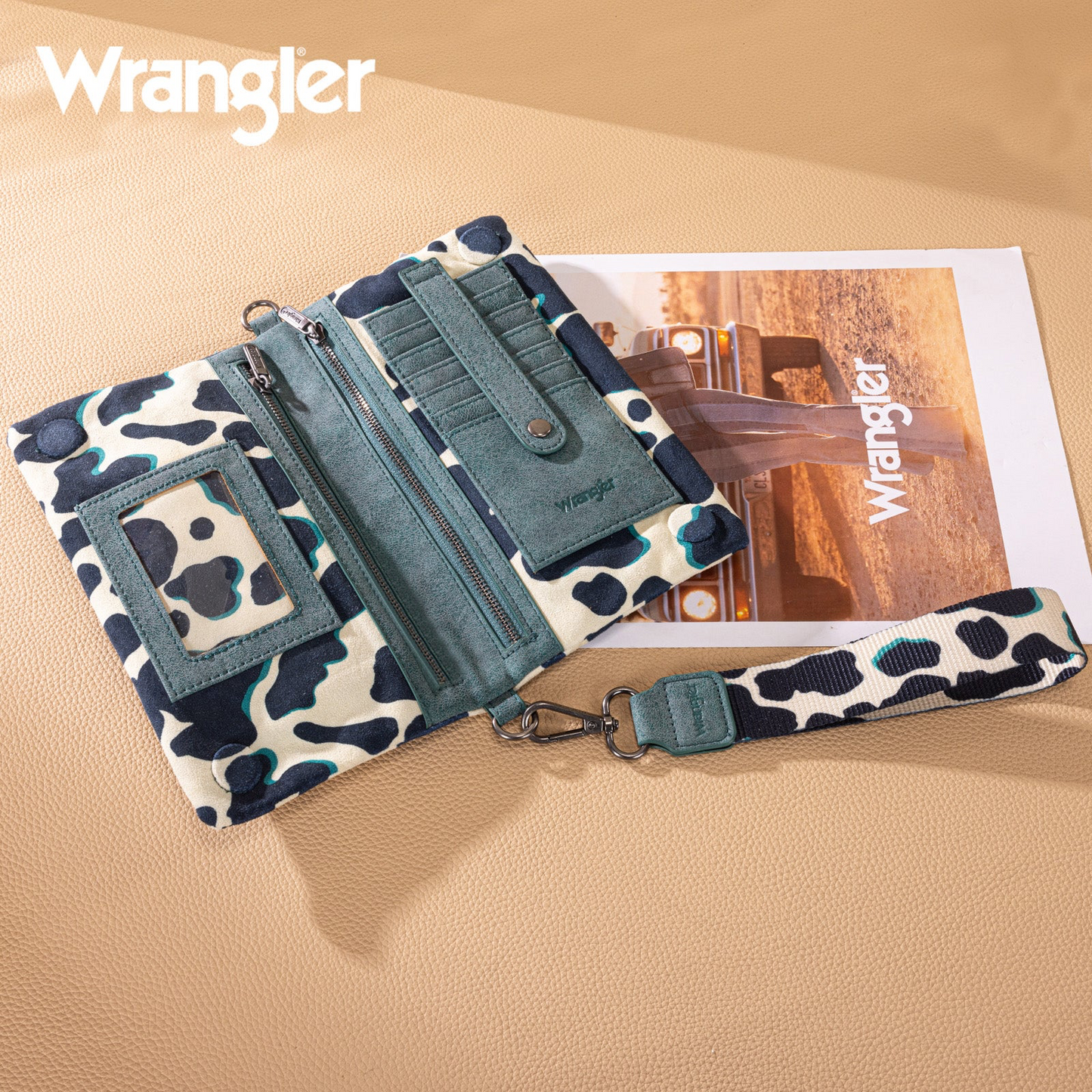 Wrangler Cow Print Wallet/Wristlet/Crossbody - DARK TURQUOISE