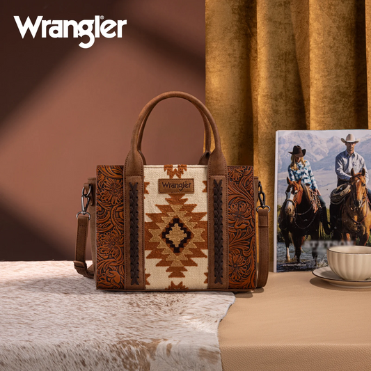 Wrangler Tooled Aztec Pattern Print Concealed Carry Tote/Crossbody - BROWN