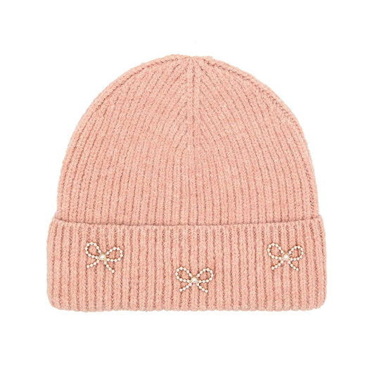 Pearl Bow Embellished Cuff C.C Beanie: Rose