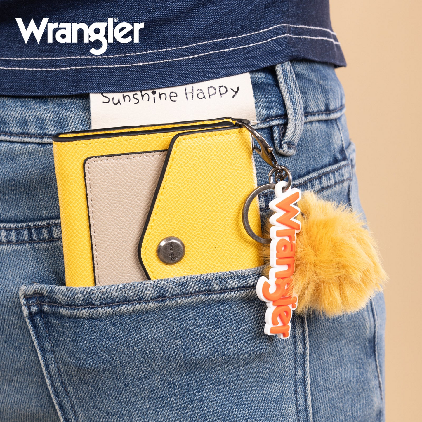 Wrangler Tri-Fold Wallet with Keyring Pom Pom- YELLOW/KHAKI