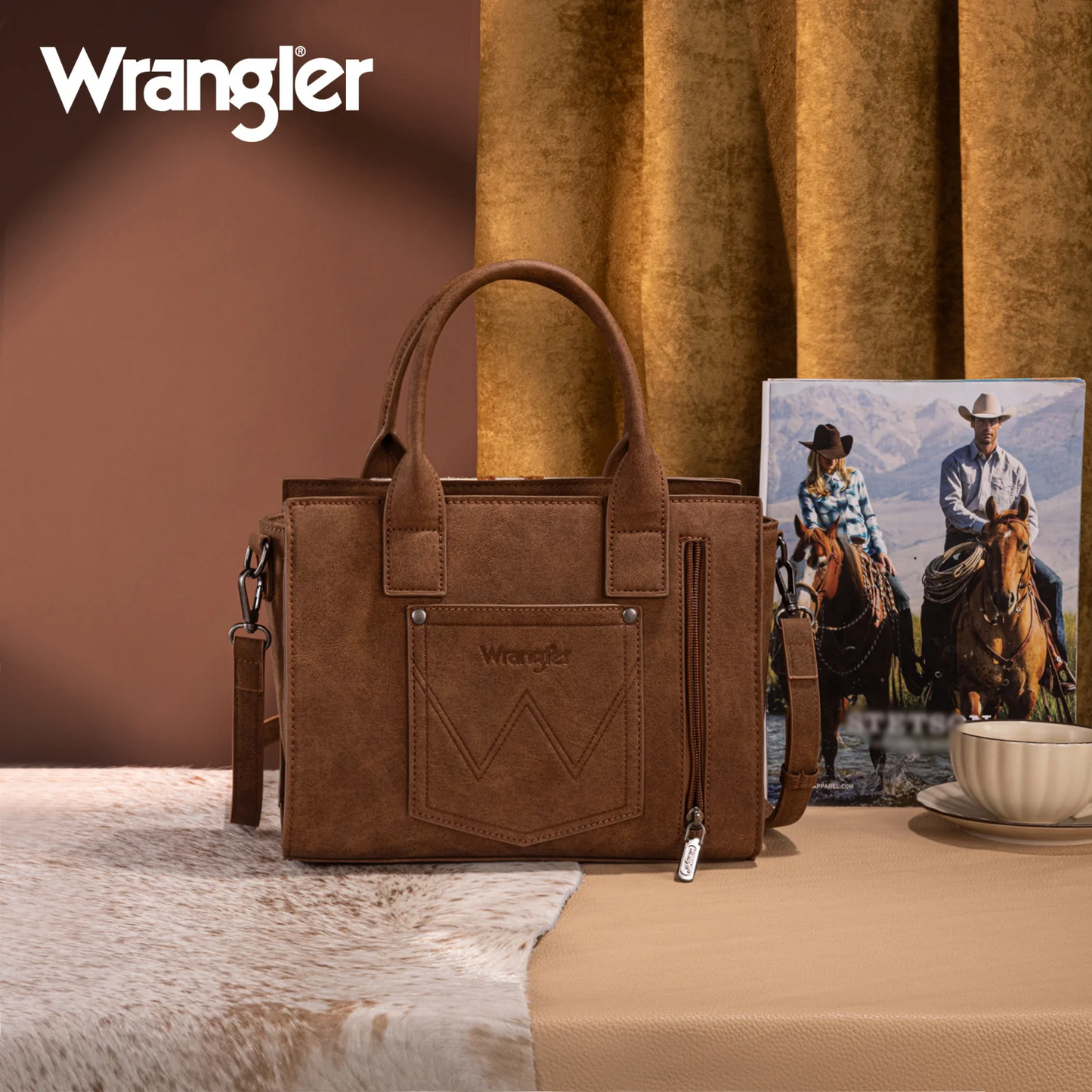 Wrangler Tooled Aztec Pattern Print Concealed Carry Tote/Crossbody - BROWN