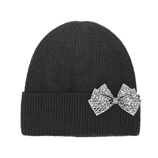Rhinestone Bow Cuff C.C Beanie - BLACK