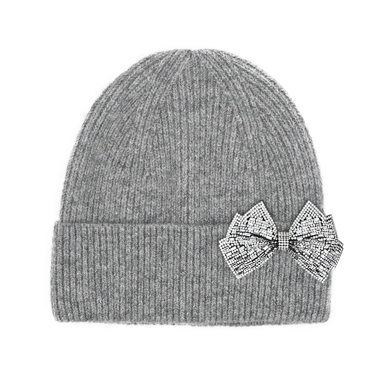 Rhinestone Bow Cuff C.C Beanie - BLACK