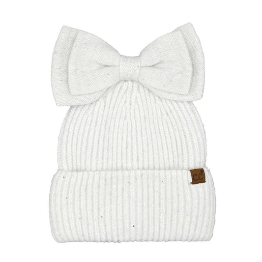 Sequin Bow Messy Bun C.C Beanie: White