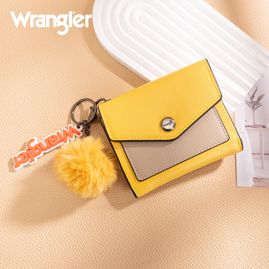 Wrangler Tri-Fold Wallet with Keyring Pom Pom- YELLOW/KHAKI