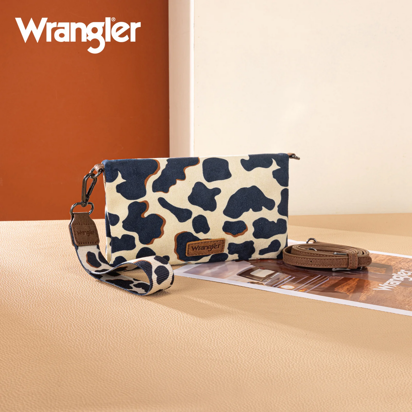 Wrangler Cow Print Wallet/Wristlet/Crossbody - BROWN