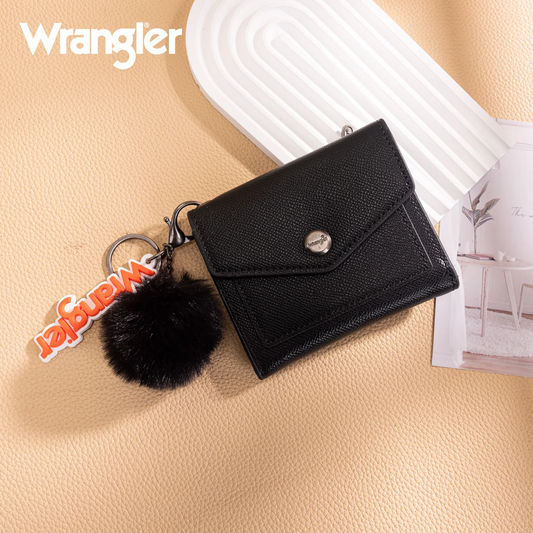 Wrangler Tri-Fold Wallet with Keyring Pom Pom - BLACK