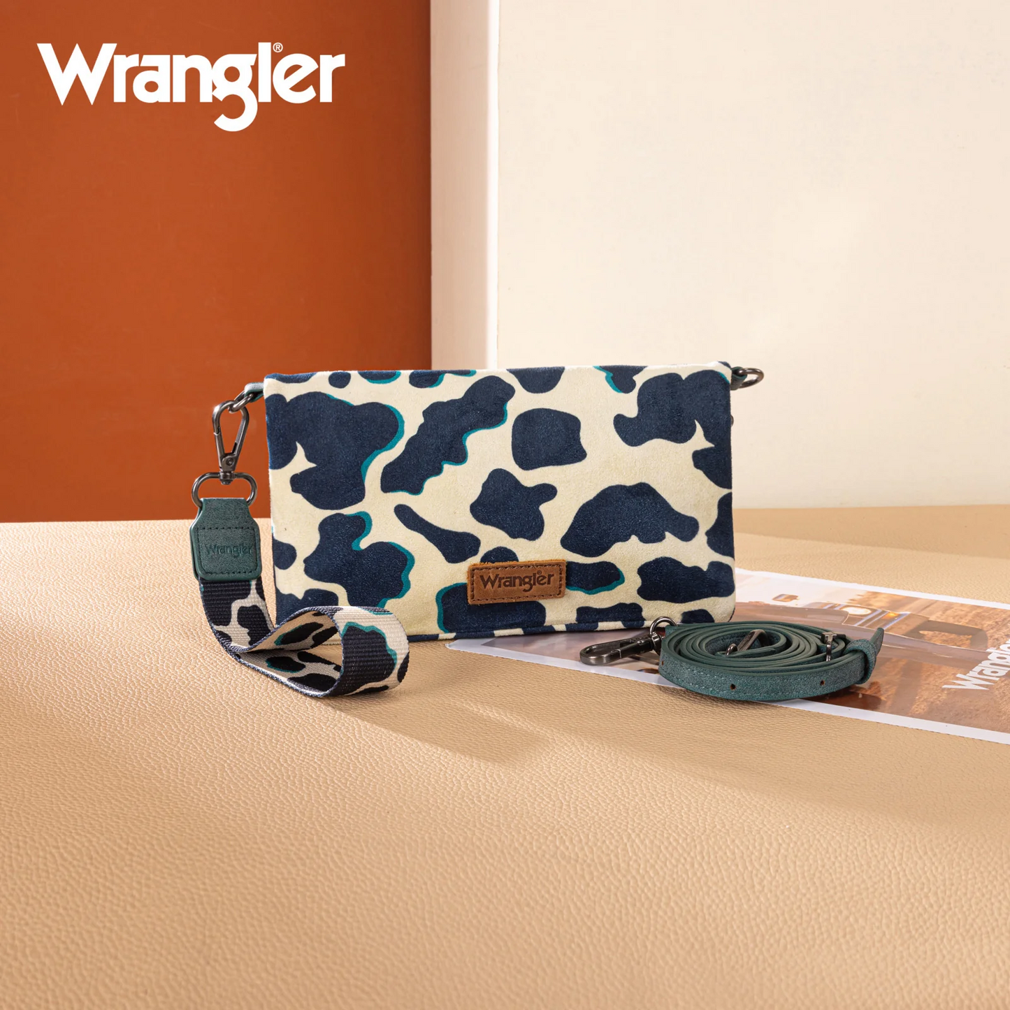 Wrangler Cow Print Wallet/Wristlet/Crossbody - DARK TURQUOISE