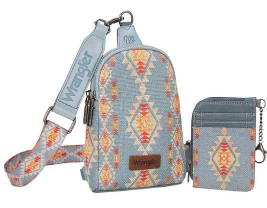 Wrangler Aztec Sling Chest Bag With Zip Card Holder Set -Jean