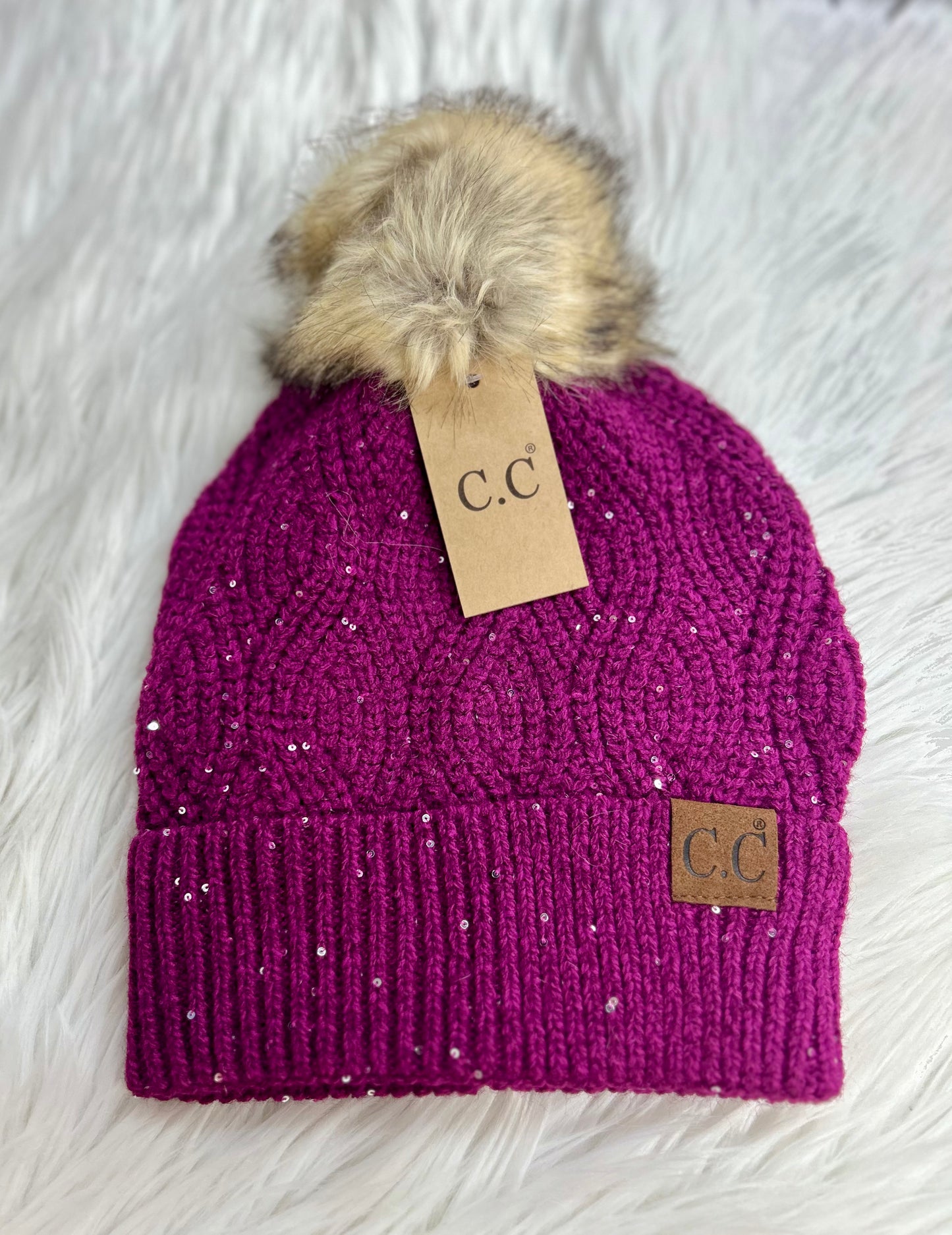 Sequin Brioche Cable Knit Fur Pom C.C Beanie