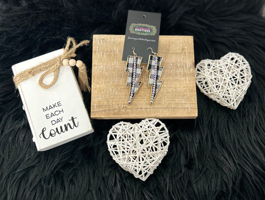 Gingham Lightning Bolt Earrings with Rhinestone Sparkle