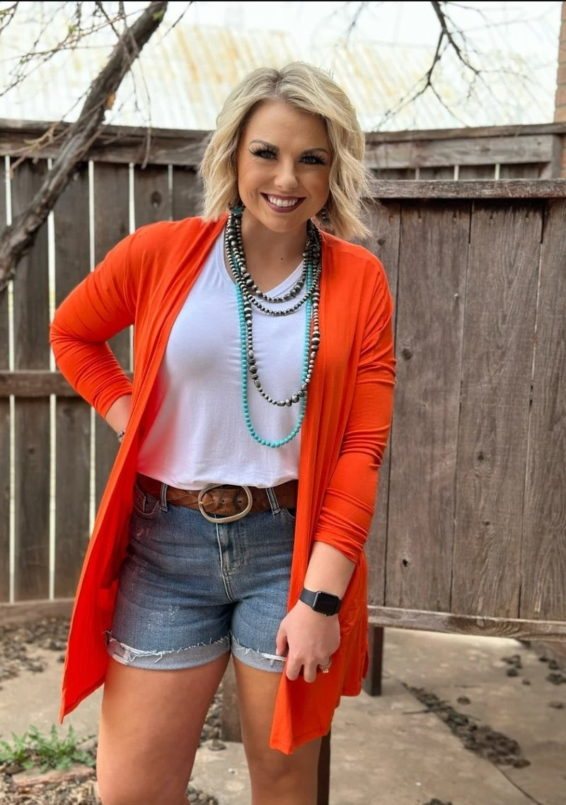 Orange Solid Mid-Length Cardigan