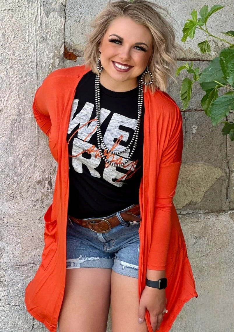 Orange Solid Mid-Length Cardigan