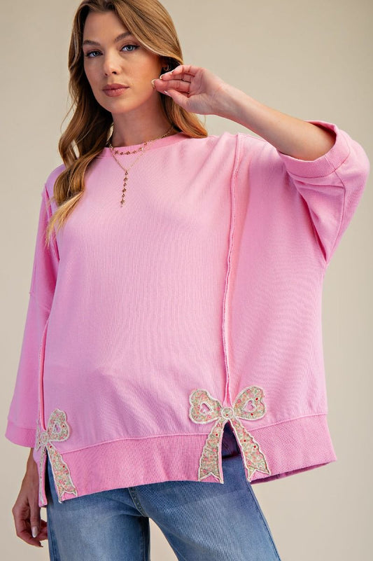 Pink Floral Bow Hem Pullover