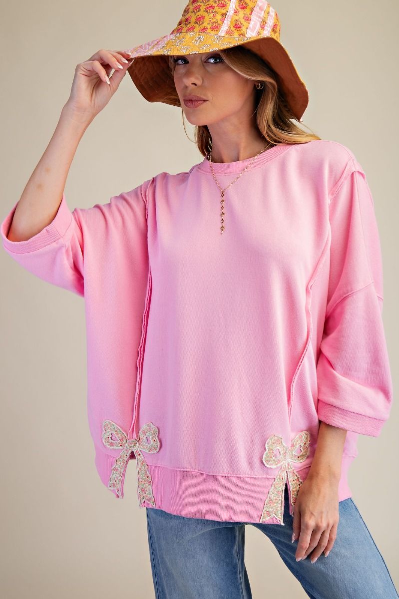 Pink Floral Bow Hem Pullover