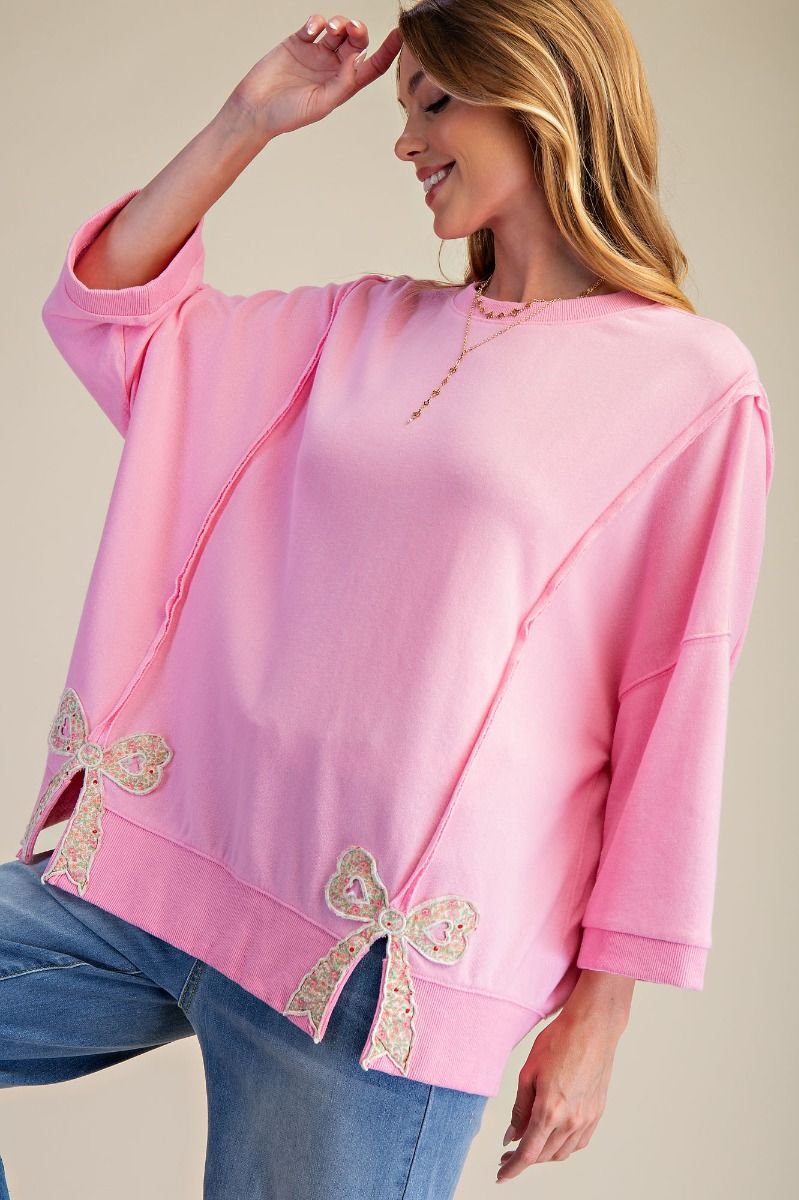 Pink Floral Bow Hem Pullover