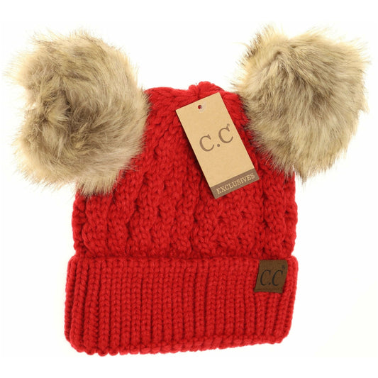 Cable Knit Double Pom Beanie: Red