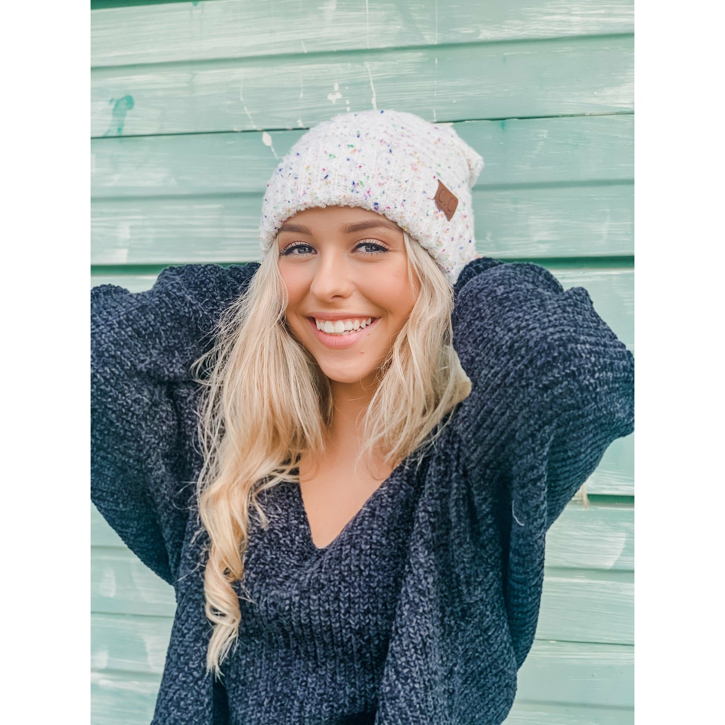 Confetti Boucle Knit Cuff Beanie: White