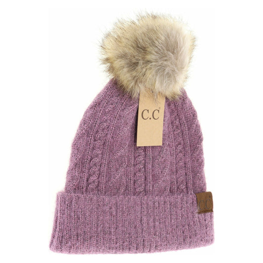 Soft Cuff Cable Knit Fur Pom C.C Beanie Lavender
