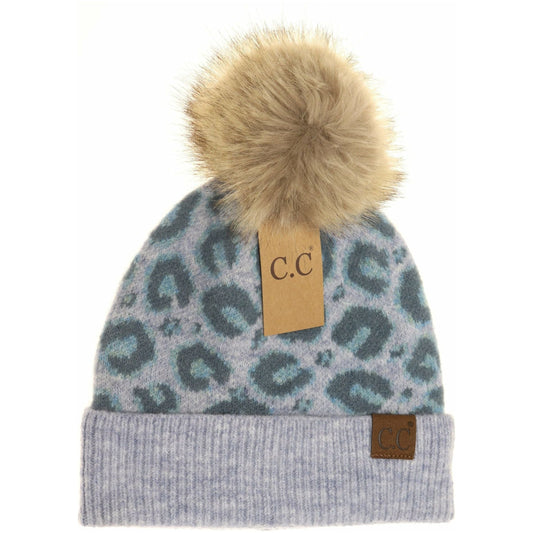 Leopard Pattern Faux Fur Pom Beanie: Ice Blush