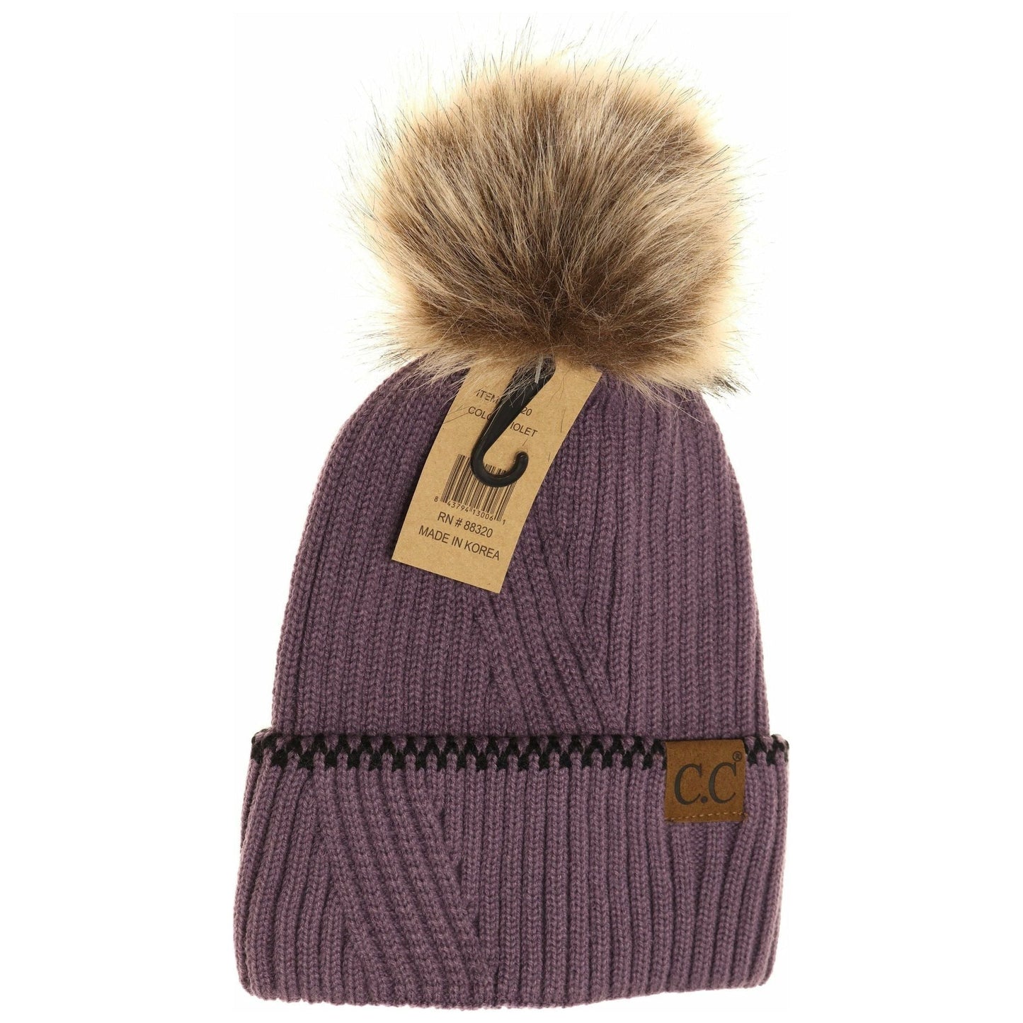Ribbed Knit Beanie with Accented Cuff Violet
