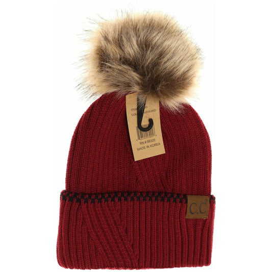 Ribbed Knit Beanie with Accented Cuff: Burgundy