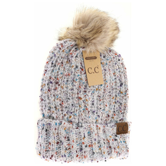 Confetti Mohair Ribbed Fur Pom C.C Beanie Ivory