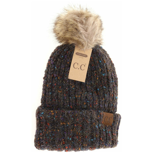 Confetti Mohair Ribbed Fur Pom C.C Beanie: Brown