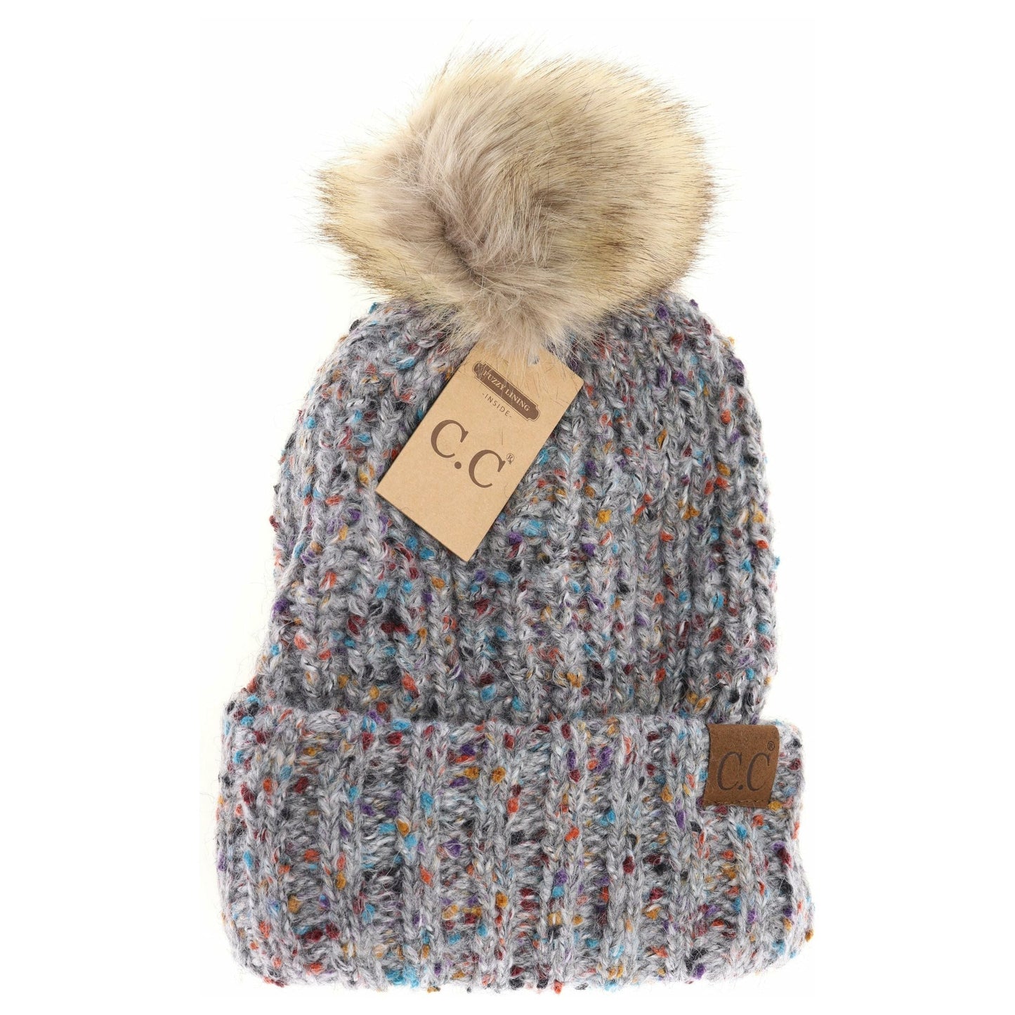 Confetti Mohair Ribbed Fur Pom C.C Beanie: Light Grey