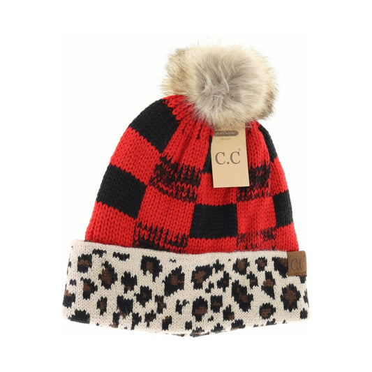 Leopard/Buffalo Mixed Print Fur Pom C.C Beanie: Red/Black
