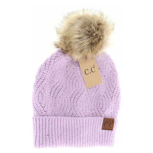 Sequin Brioche Cable Knit Fur Pom C.C Beanie