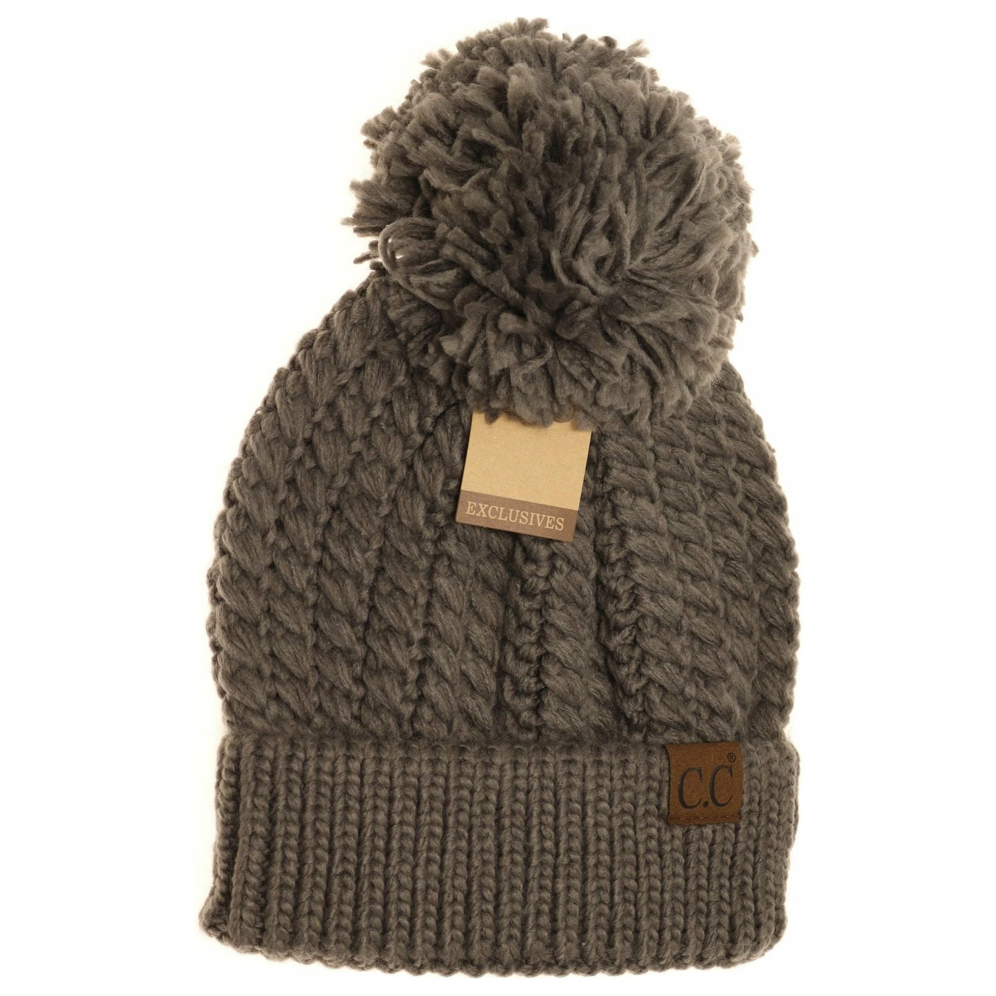Twisted Mock Cable Knit Pom Beanie Grey