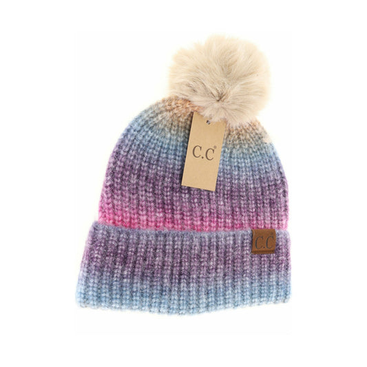 Multicolored Ombre Fur Pom C.C Beanie Berry Multi