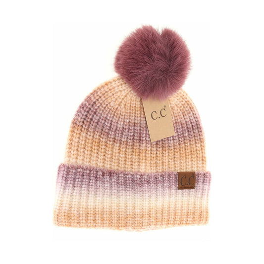 Multicolored Ombre Fur Pom C.C Beanie: Ginger Brown Multi
