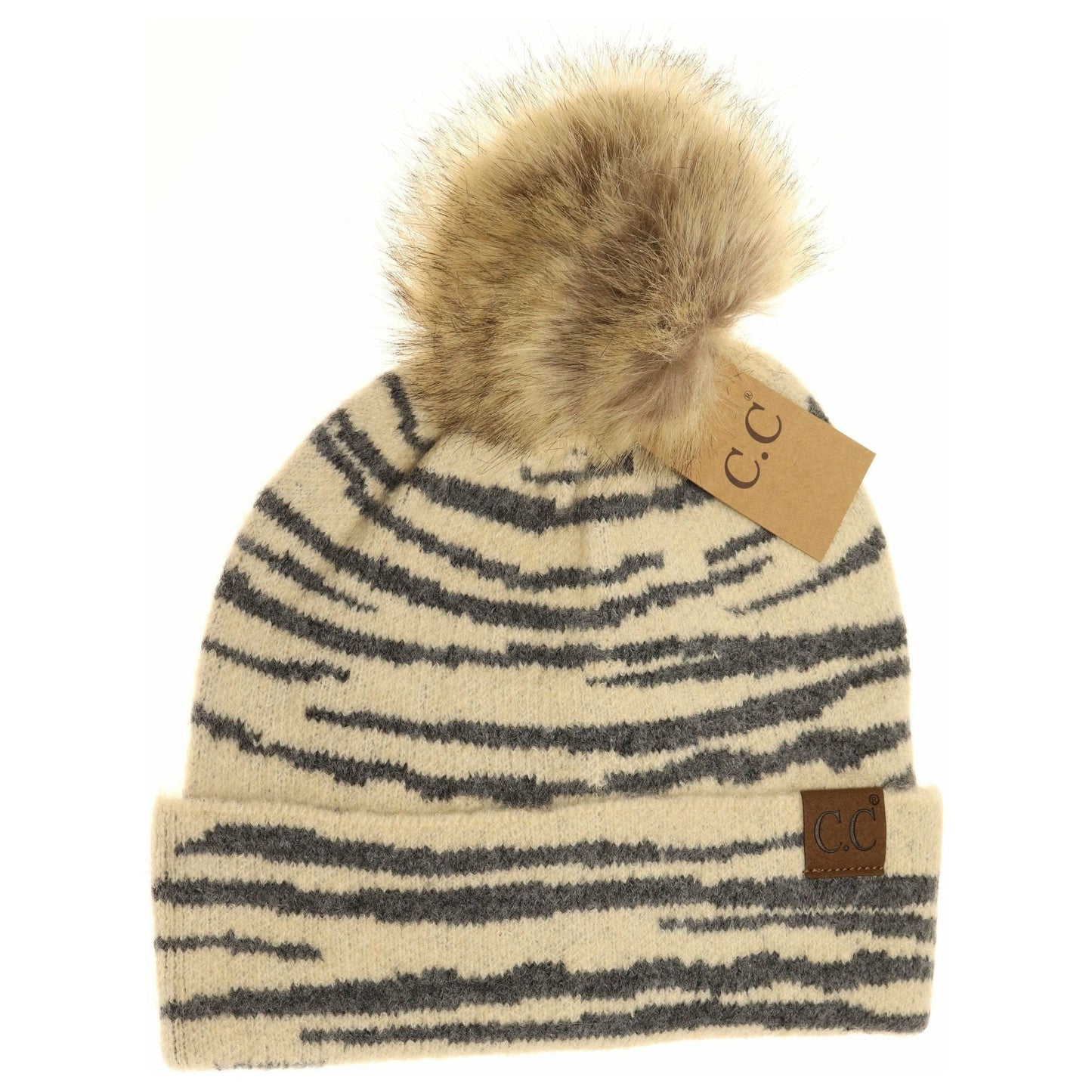 Zebra Pattern Faux Fur Pom Beanie Beige
