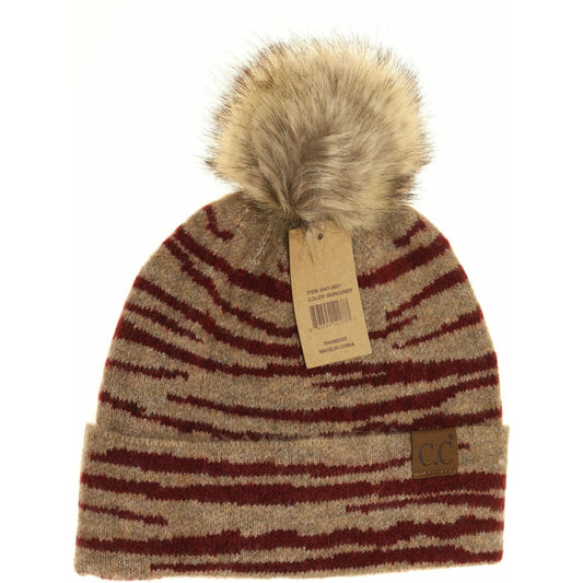 Zebra Pattern Faux Fur Pom Beanie HAT3607: Burgundy