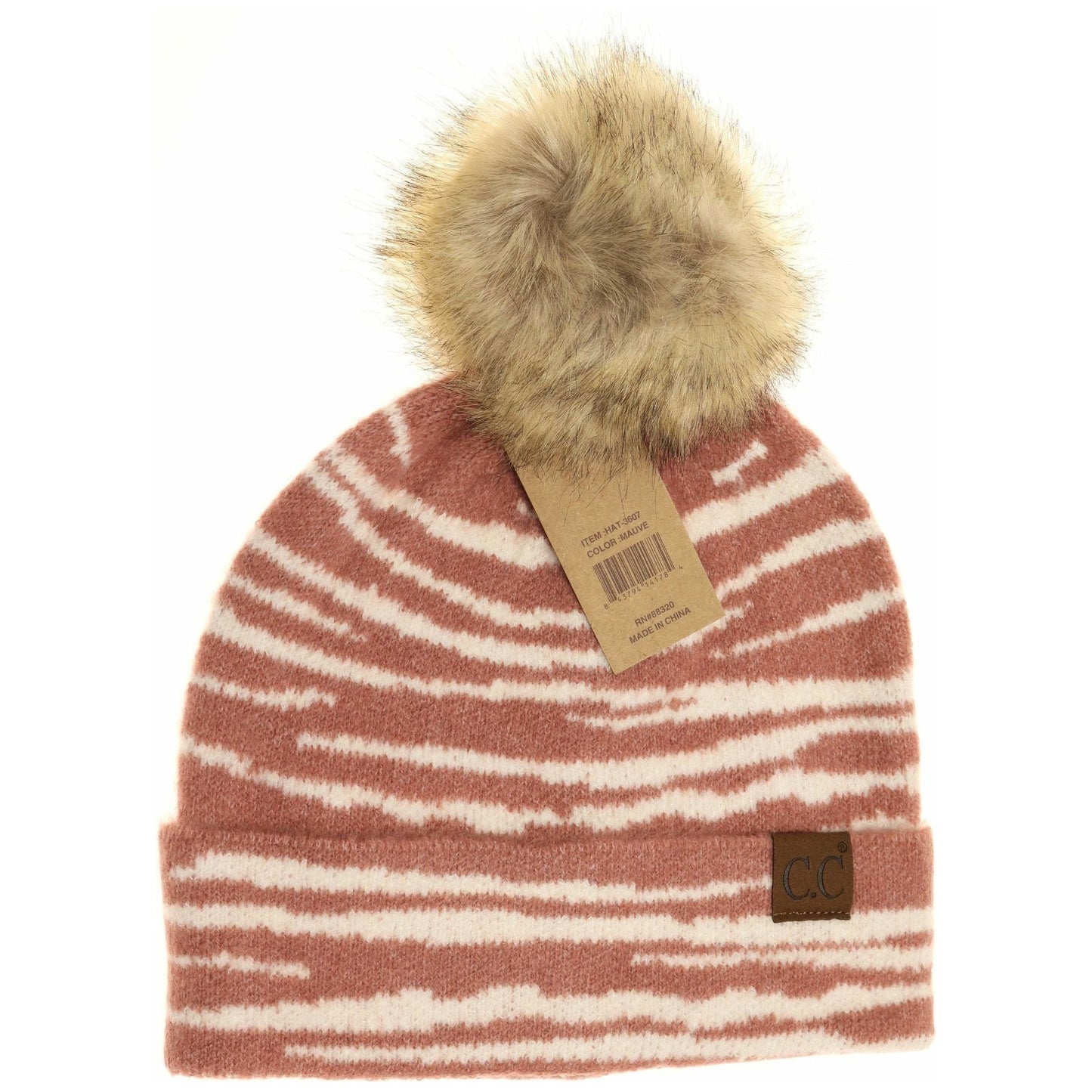 Zebra Pattern Faux Fur Pom Beanie HAT3607: Mauve