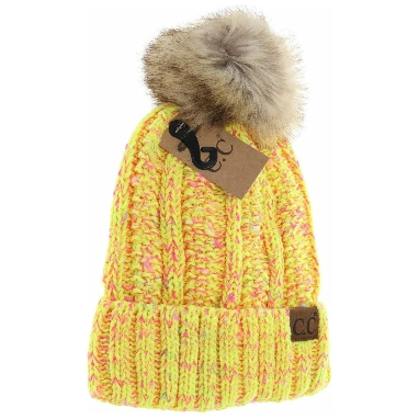 Fuzzy Lined Confetti Knit Fur Pom CC Beanie