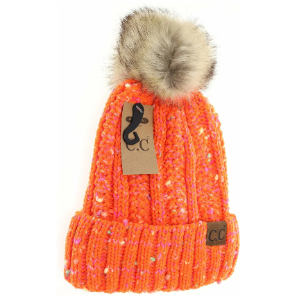 Fuzzy Lined Confetti Knit Fur Pom CC Beanie
