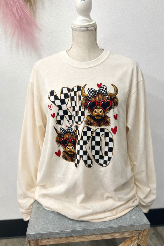 Checkered XO Highland Cow Long Sleeve Tee
