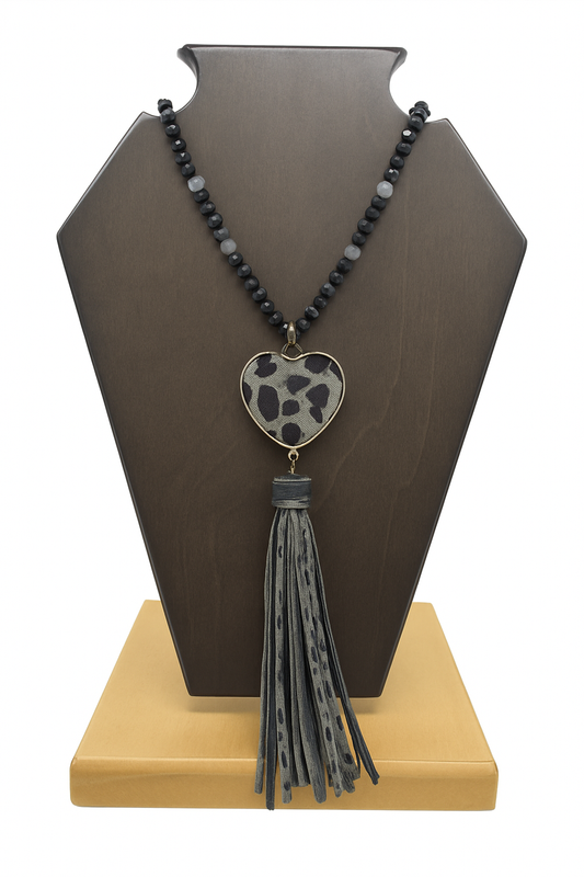 Leopard Print Heart Necklace with Tassel