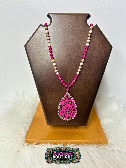 Pink Leopard Rhinestone Teardrop Necklace