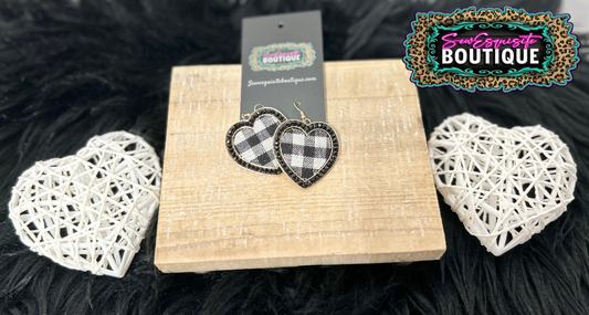 Buffalo Plaid Heart Earrings with Black Gem Trim